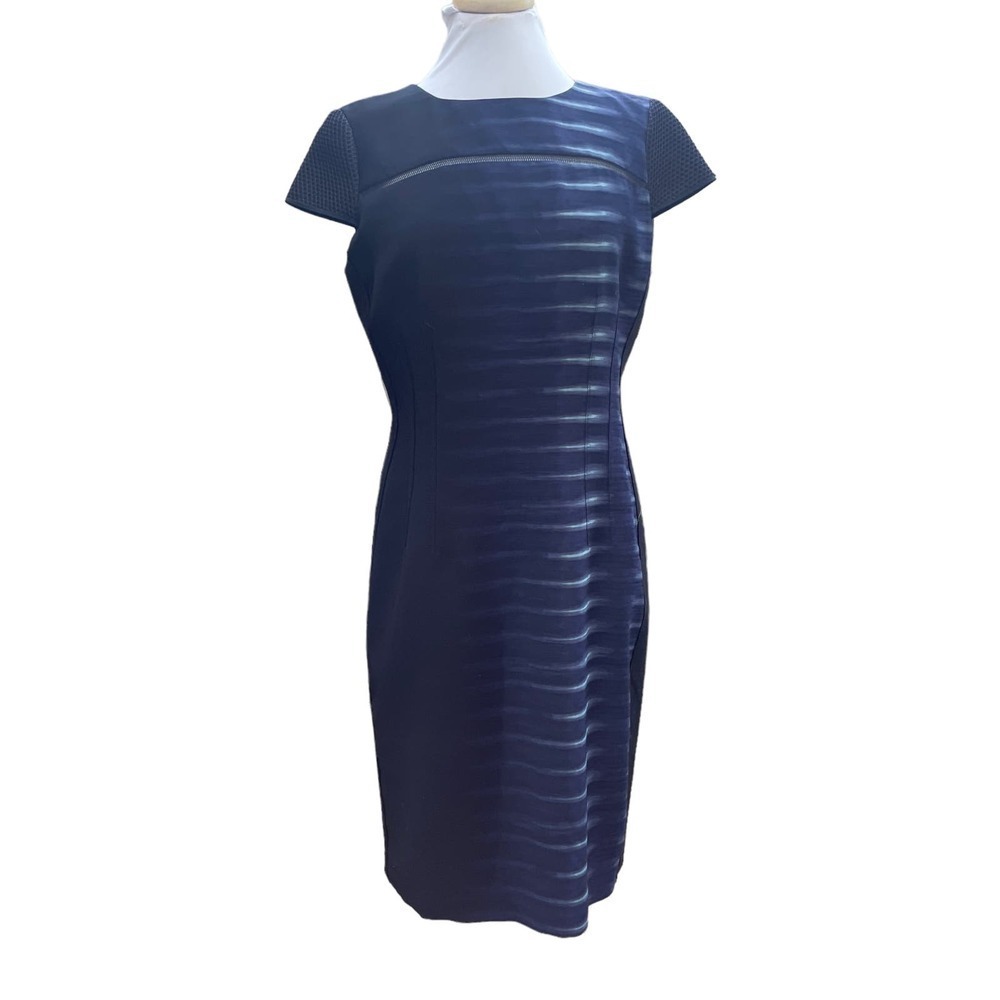 Tahari Cap-Sleeve Black/Blue Gradient Pattern Work Cocktail Dress - Size 12